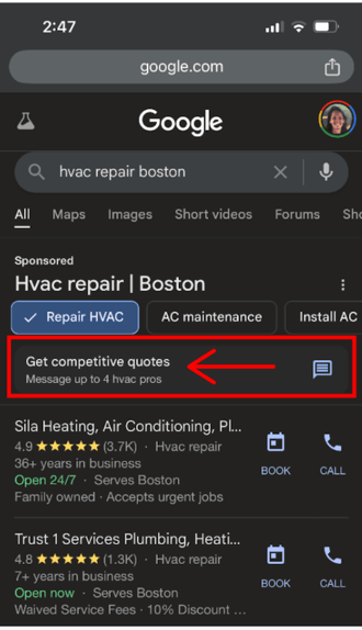 google lsa "get competitive quotes" option