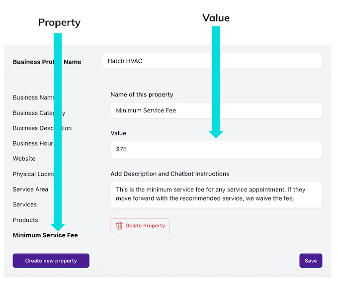 hatch ai setup- business profile property and value