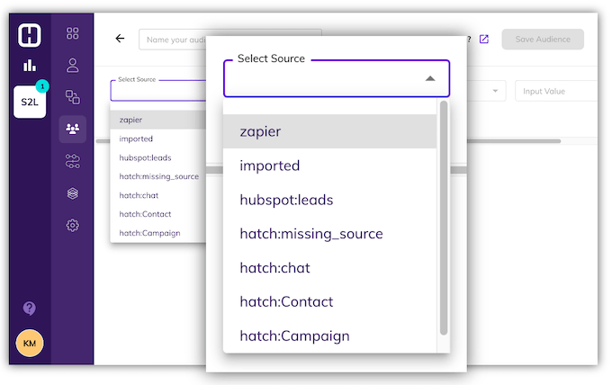 hatch audience builder - select lead source