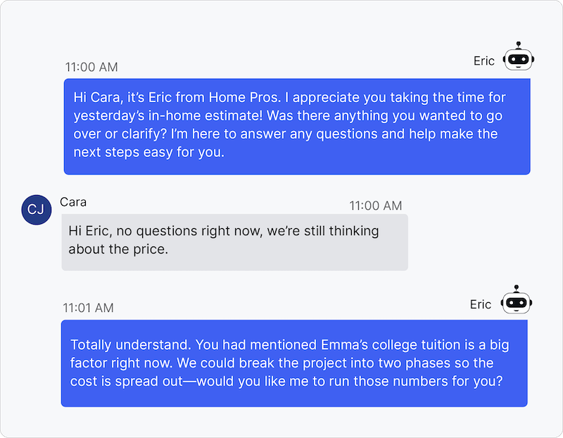 personalized rehash/ estimate follow up conversation with hatch and siro integration