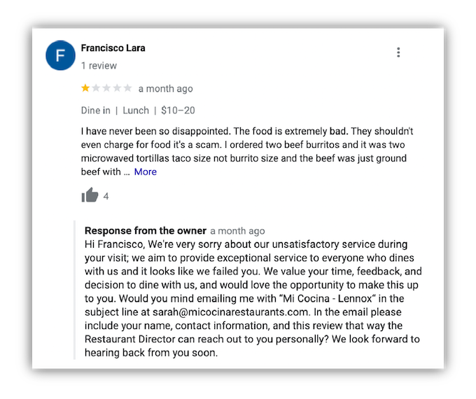 how to respond to google reviews - example of review response
