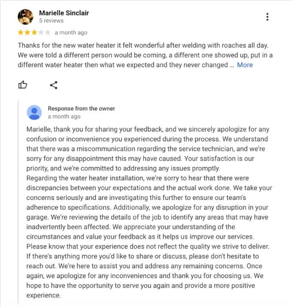 how to respond to google reviews - example of response to negative review