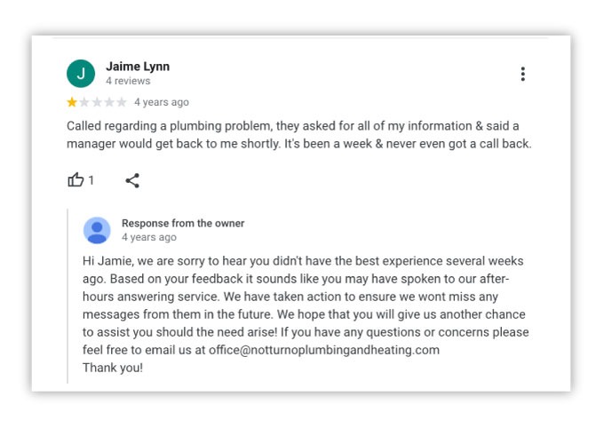 how to respond to google reviews - example of response to negative review