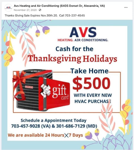 hvac holiday marketing ideas - $500 gift card with new purchase