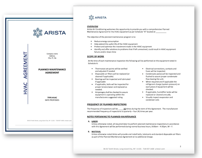 hvac service contract templates - arista hvac maintenance agreement example