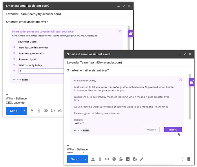 lavender email copy and appointment booking