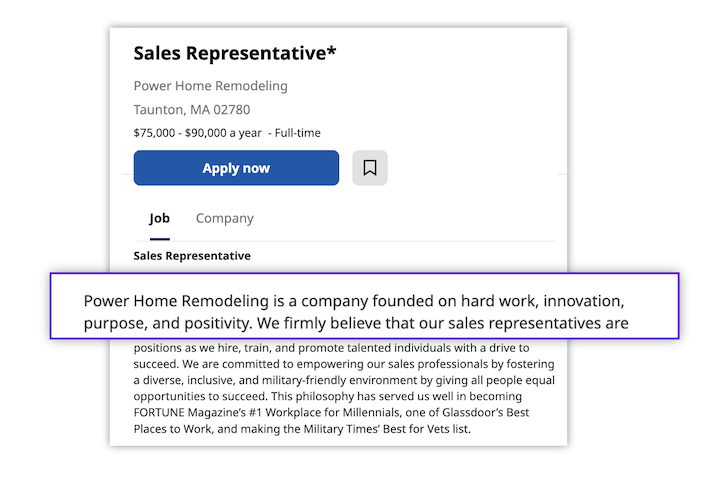 sales representative job description examples - example of values in job description