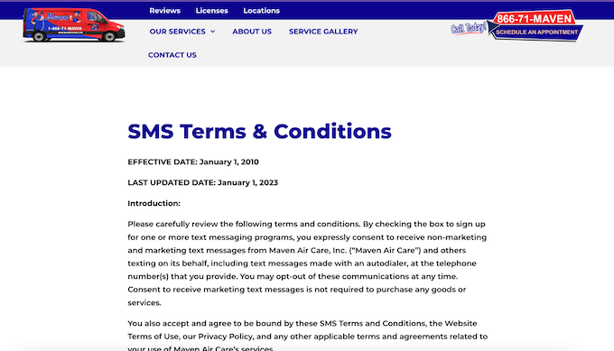 sms terms and conditions example