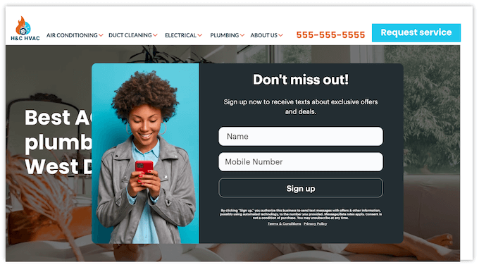 TCPA 10DLC SMS opt in example via popup