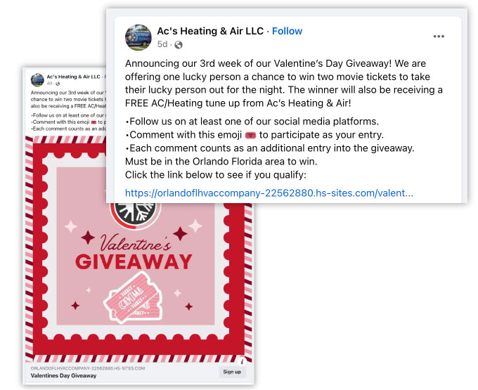 valentine's day marketing ideas - hvac facebook giveaway post example