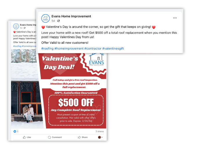 valentine's day marketing ideas - roofing facebook post example