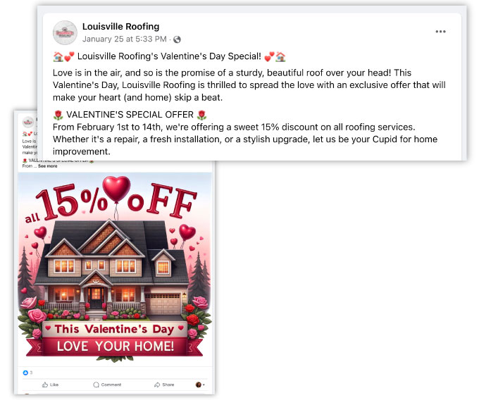 valentine's day marketing ideas - roofing facebook post example